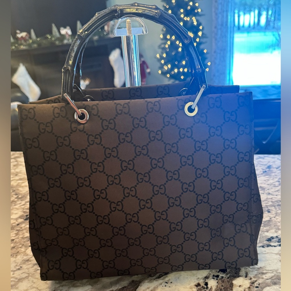 Authentic Gucci GG Canvas Tote with Bamboo-Style Handles w/ COA